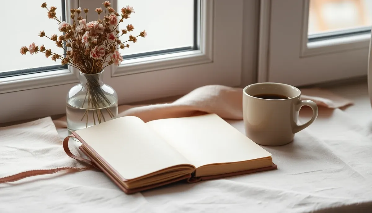 A cup of coffee beside a closed linen notebook at a window in morning light, dried flowers in a vase.